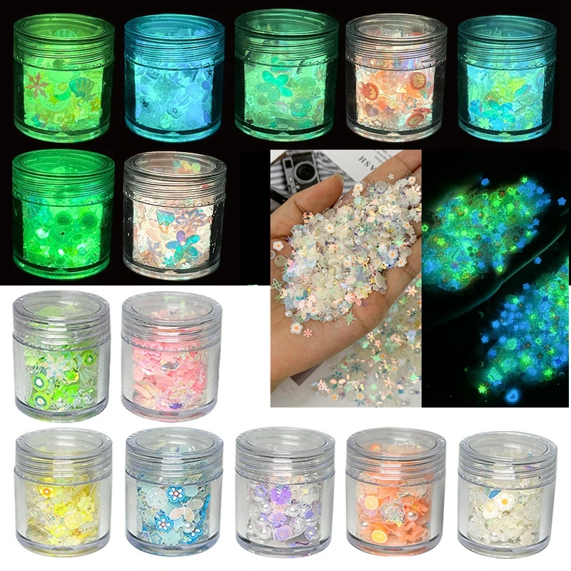 

Glow in The Dark Nail Art Decorations for DIY Crafts Luminous Soft Clay Flowers with Shiny Glitter Mixed Imitation Pearl Jewelry