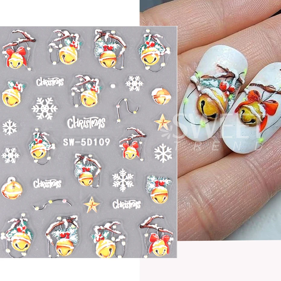 5d Reliëf Kerst Nagelstickers Rood Goud Glitter Handschoenen Bel Sneeuwvlokken Ontwerp Slider Stickers 2023 Winter Manicure Decoratie