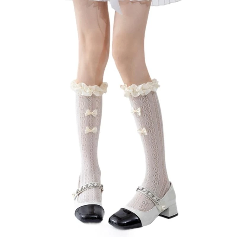 

Women Hollowout Mesh Striped Ruffle Trim Over Calf Long Socks with Bows Accent