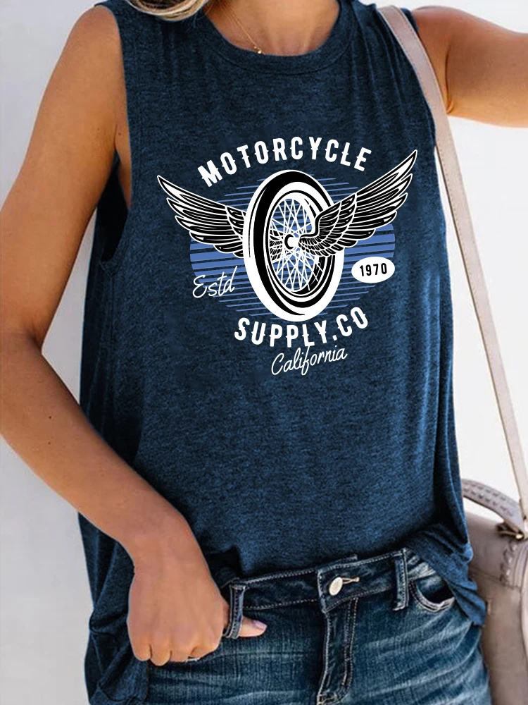 Seeyoushy Motorcycle Print Vintage T Shirt Women 90\'s Girls Sleeveless T Shirt O-Neck Summer Graphic TShirts Ladies Top Harajuku