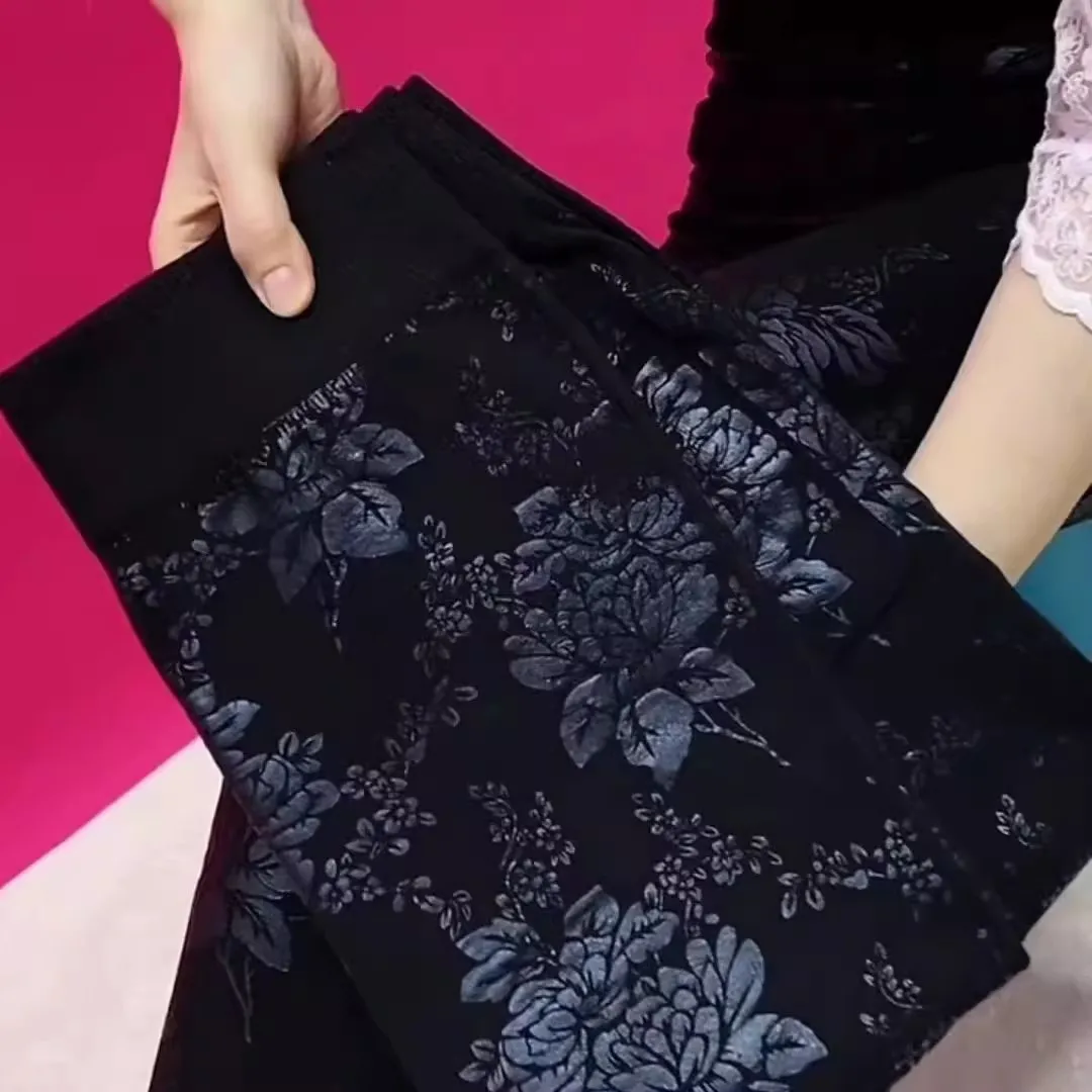 Legginsy damskie Plus rozmiar 3XL grube ciepłe spodnie z wysokim stanem i elastycznym pasem z polarem gorące złote legginsy z nadrukiem piwonii