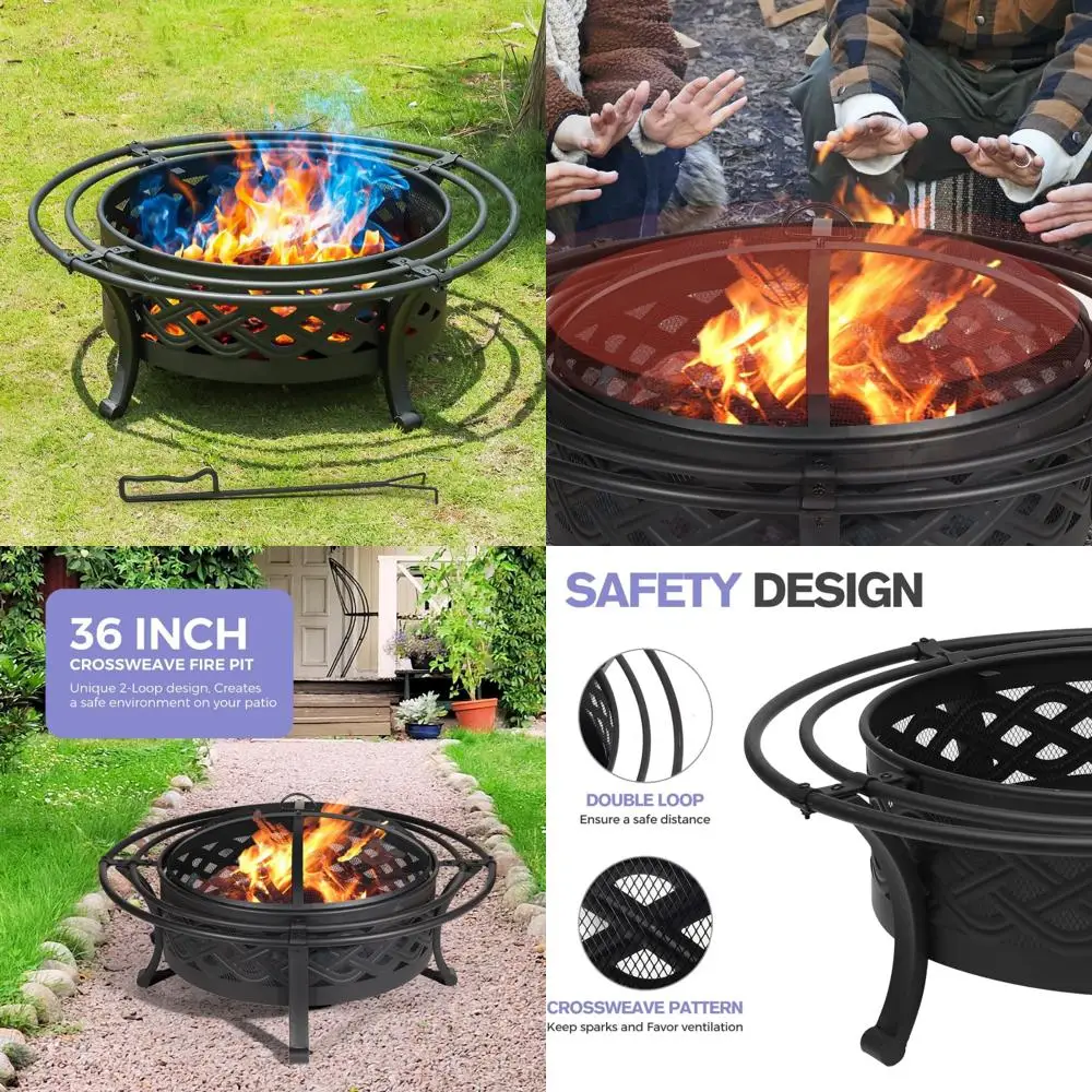 

Round Outdoor Fire Pit 36 Inch Crossweave Wood Burning with Spark Screen and Fire Poker for Backyard Entertainment