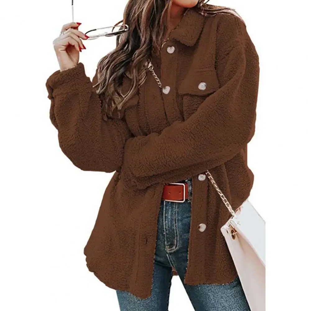 Manteau de chemise à manches longues pour femmes, poches à rabat, simple boutonnage, Surface en peluche, automne hiver, couleur unie, veste ample