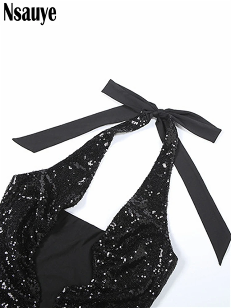 Nsauye Winter New Sexy Women Sequins Black Sleeveless Halter Slim Backless Jumpsuits Glitter Party Overalls Elegant Lady 2025