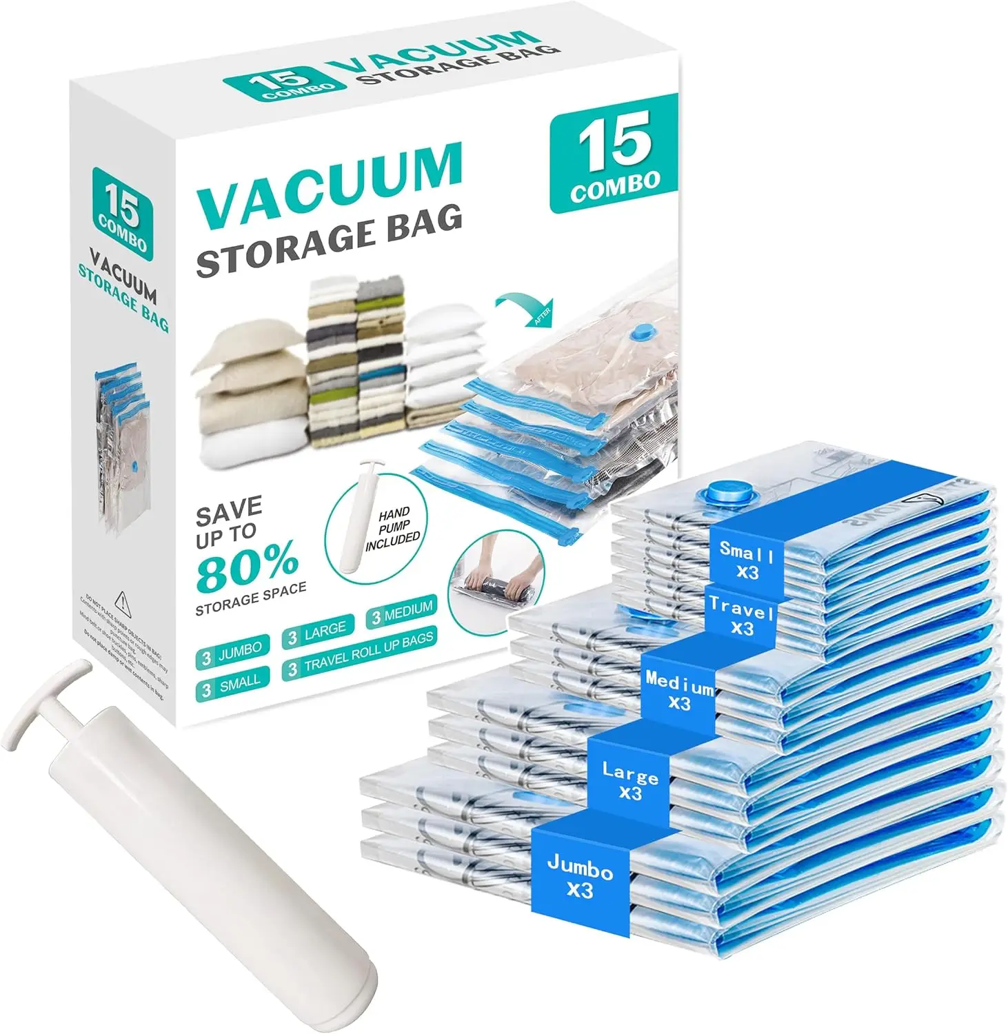

Набор из 15 вакуумных пакетов для одежды и путешествий, компактное хранение с ручным насосом (3 больших, 3 средних, 3 малых, рулонные)