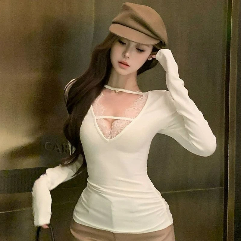 

Осень/зима 2026, новая чистая сексуальная футболка с открытыми плечами и длинными рукавами для девочек, утягивающий универсальный дизайн, базовый слой, топ