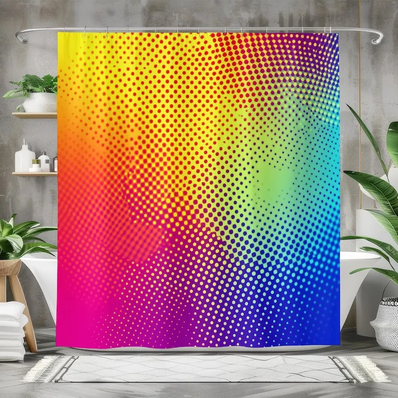 Pop Art Shower Curtain Colorful Waterproof Fabric Curtain Retro Dots Bathroom Decor Vibrant and Fun Bath Curtain Bold Rainbow
