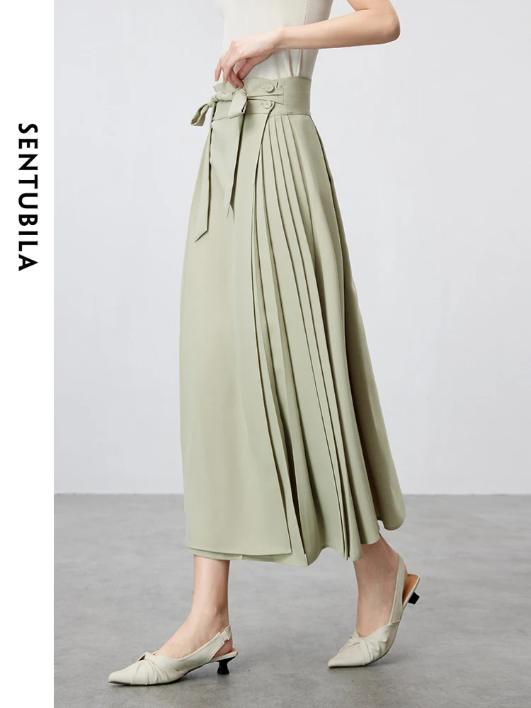 SENTUBILA Women Chinese Horse Face Pleated Skirt 2024 Summer Fashion Light Green Loose Tie Belted Midi Skirt Female 142Q54708