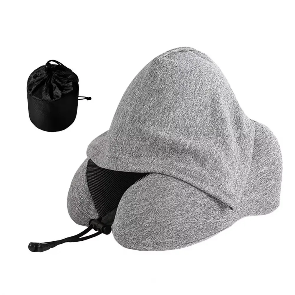 

Removable Travel Neck Pillow Adjustable with Storage Bag U-shaped Pillow with Cap Comfortable Soft Support Hooded Pillow