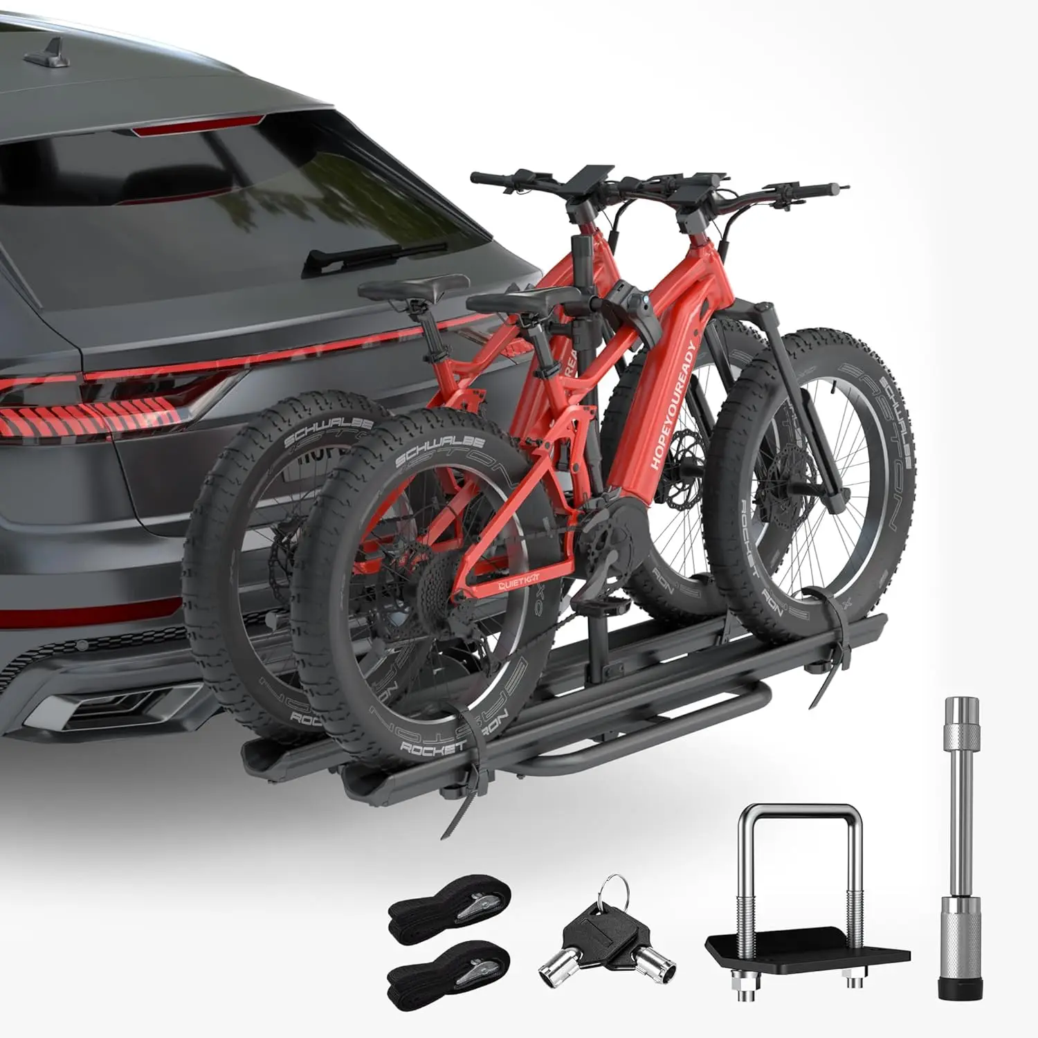 2 EBike Rack with Ramp, 2'' Hitch Mounted Lockable Bike Racks, 200lbs Capacity Foldable Platform, Up to 5'' Fat Tire Carrier for