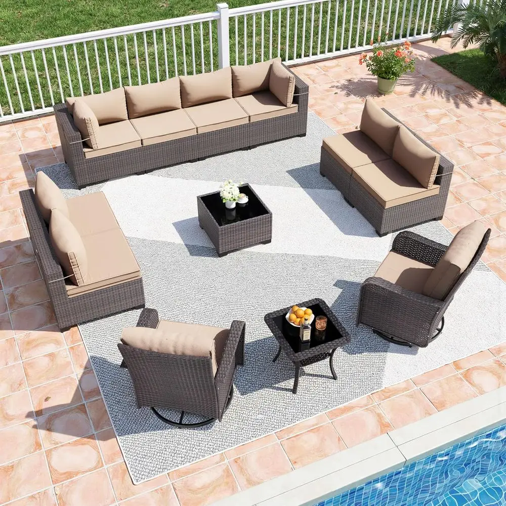 

12-Piece All-Weather Outdoor Sectional Patio Furniture Set with Coffee Table and Swivel Rocking Chairs in Sand