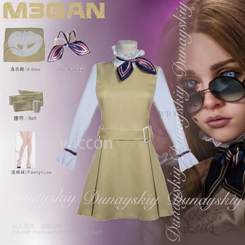 125 M3GAN2.0 فيلم M3gan تأثيري قتل المحظية يدويا AI روبوت مع فستان أصفر شعر مستعار أشقر زي الهالوين جميع مجموعة كوس