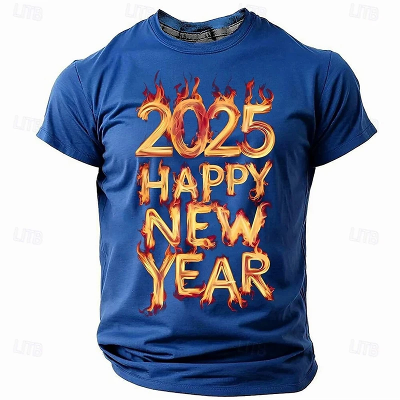 2025 Happy New Year Printed T Shirt Street Party Casual Pullover Top Men Women Simple Fashion Short Sleeve Beer Pattern Tee Tops