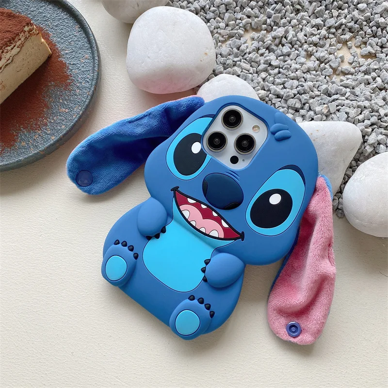 Para iPhone 16 15 14 Plus 13 Pro Max 12 11 Kawaii Sit Stitch correa de botón de oreja grande funda de teléfono suave de silicona de dibujos animados lindos