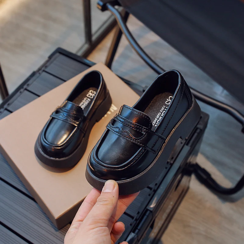 Kids Faux Leather Loafers, Slip-on Style with Penny Detail, Chunky Non-slip Sole for School Uniforms & Daily Casual Wear