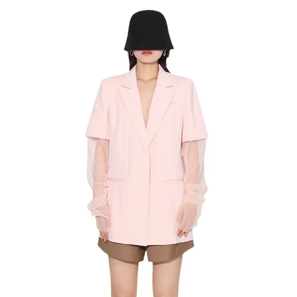 

Women's Slim Pink Jacket High-End Fashion Splicing Gauze Small Suit Trendy Autumn