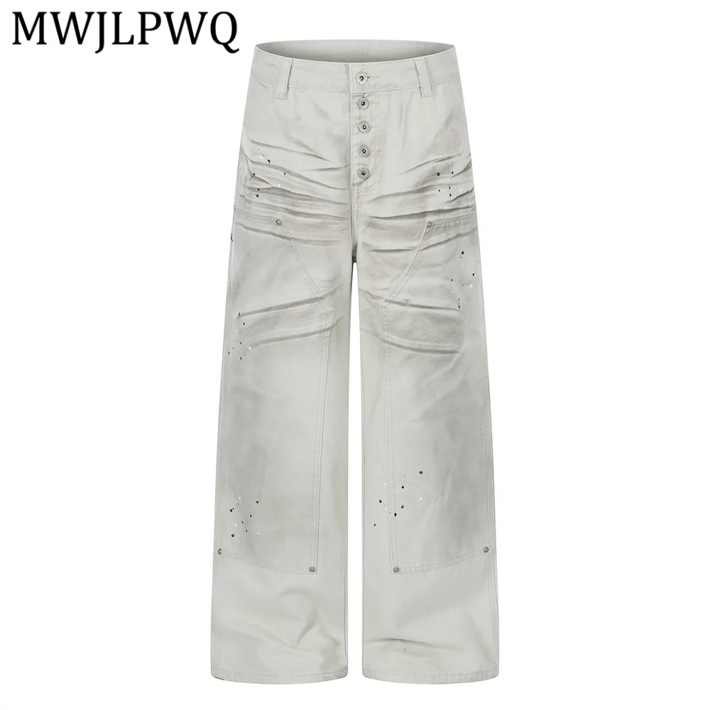 

MWJLPWQ Street Splatter-Paint Distressed Wide-Leg Trousers Men's Punk High-Street Button Trendy Niche Loose Straight Pants 15305