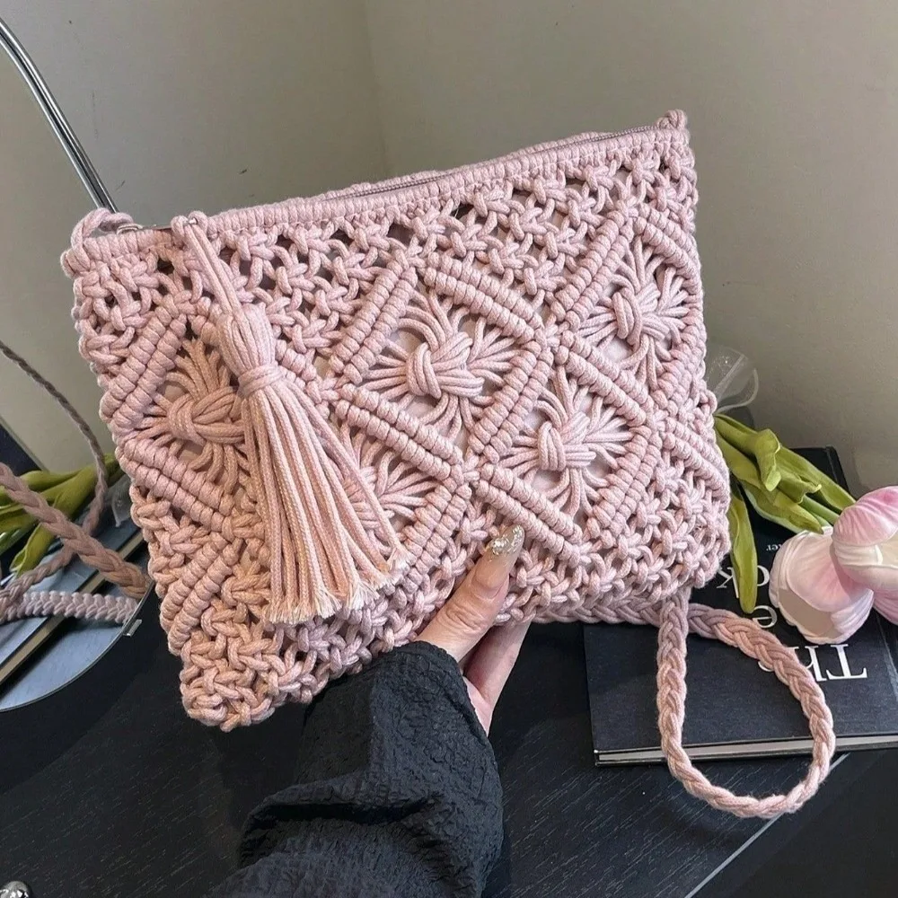 

New Retro Style Messenger Bag Hollow Out Rectangular Shoulder Bags with Tassel Woven Beach Bag Outdoor Activities