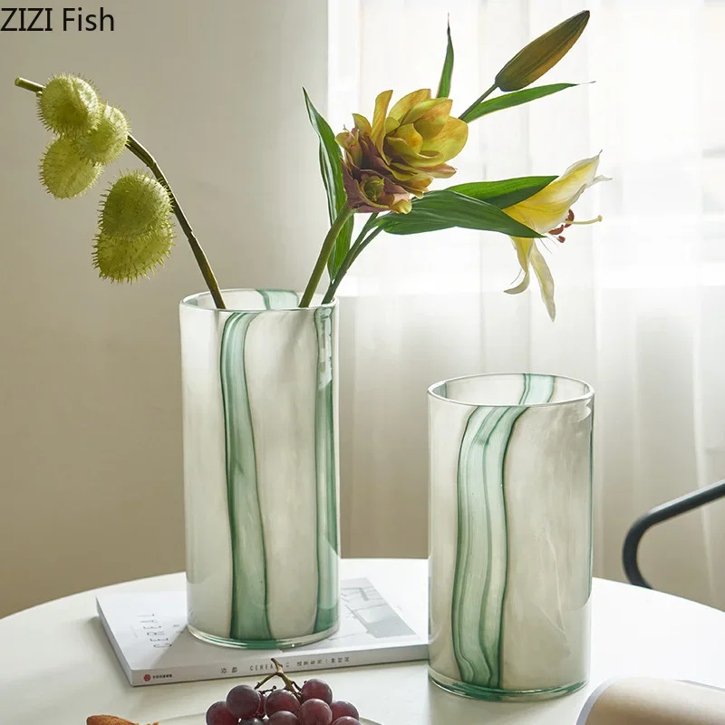 Green Gradient Painted Glass Vase Hydroponic Plant Pot Table Decoration Flower Arrangement Floral Vases Room Aesthetic Decor