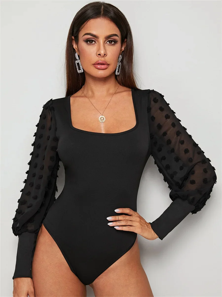 Body damskie seksowne szczupłe bandażowe z długim rękawem Body Feminino kwadratowy kołnierzyk pajacyki kombinezony seksowny kombinezon typu Bodycon