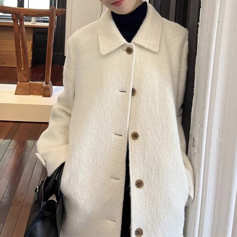 Women\'s Casual Doll Collar Positive Shoulder Wool Coat Autumn and Winter Warm Medium-Length Tweed Jacket