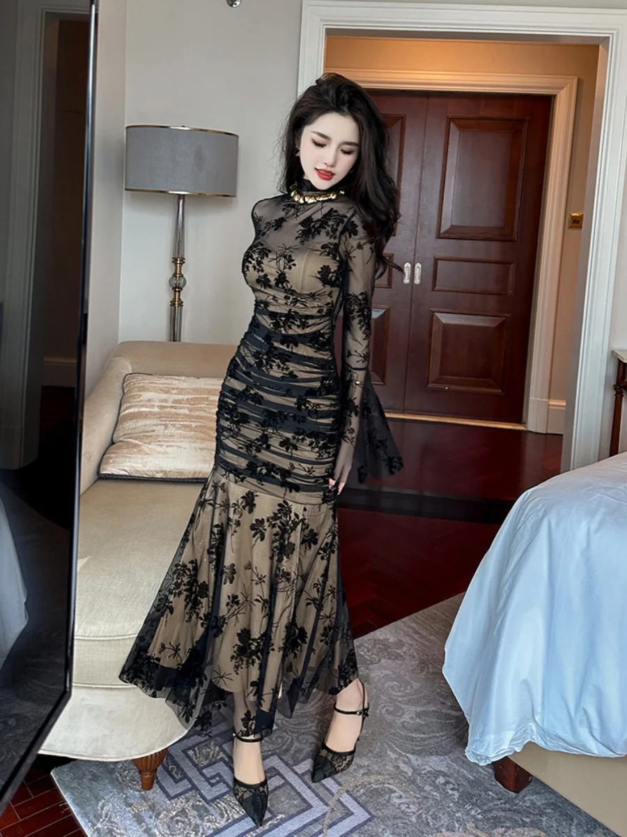 Vestido Largo de Gasa con Cintura Alta y Cola de Sirena, Cierre de Cremallera, Silueta en Forma de H, Estampado Floral...