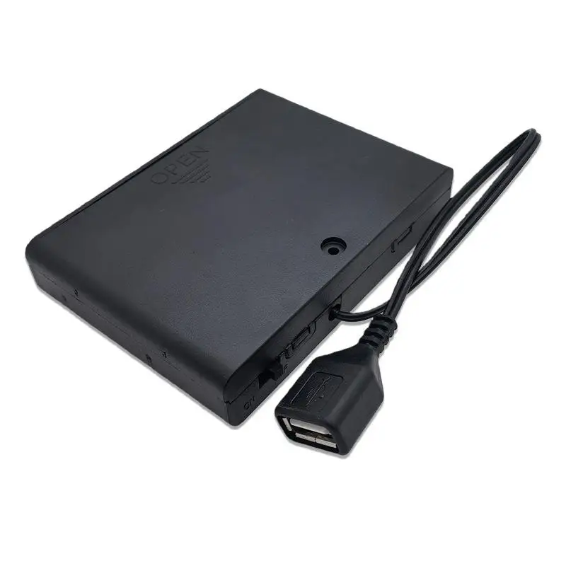 Black 96.56*72*19.28mm USB Mini Power Supply Battery Box With Cover And Switch 6 X AA USB Battery Box For 9V LED Strip Lights