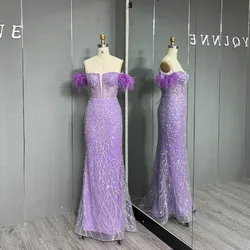 Luxury Purple Feathers Long Prom Dresses Off Shoulder Mermaid Sequined Formal Dubai Party Gown Lace-up Tulle