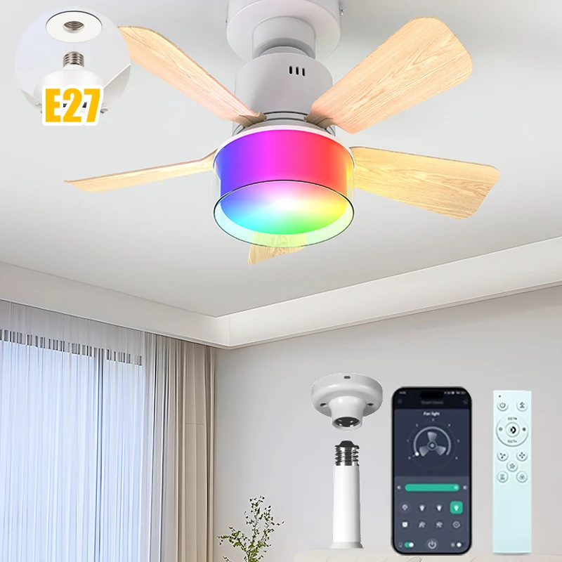 

Вентилятор с дистанционным управлением и управлением через приложение RGB с регулируемой яркостью, светодиодный E27, потолочный вентилятор, современный простой, для спальни, кухни, комнаты, освещения