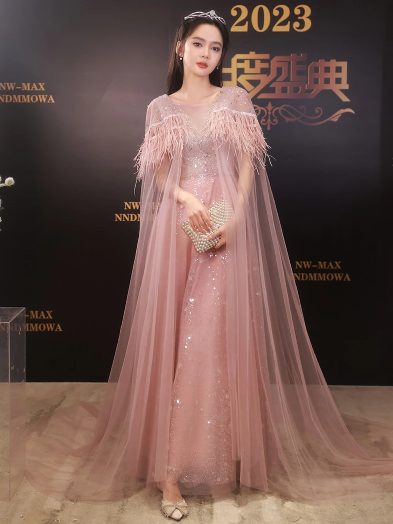 

Elegant Pink Evening Dresses A-Line O-Neck Shiny Sequins Detachable Cape Sleeve Shawl Feathers Plus Size Woman Party Prom Gowns