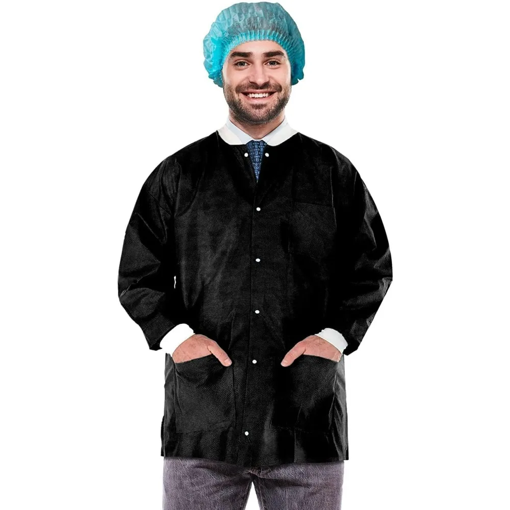 

Одноразовая лабораторная куртка длиной 30 дюймов. Набор из 10 черных рабочих костюмов средней длины до бедра. Одноразовые рубашки SMS 50 gsm с застежками Fron