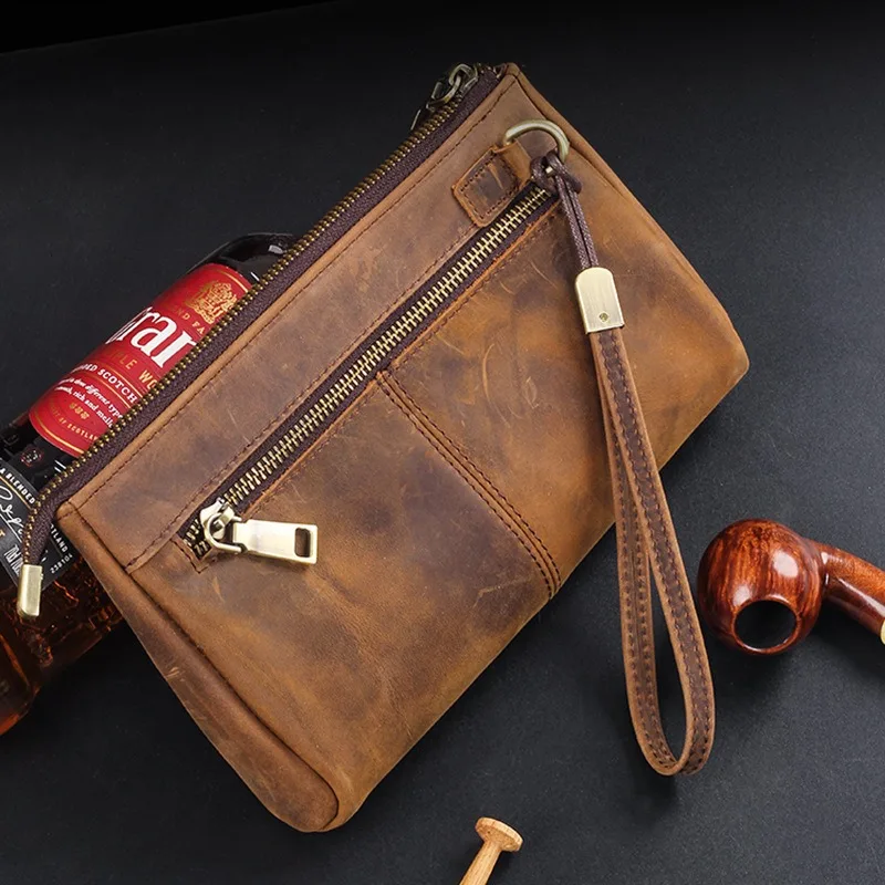 Multi-pocket Wristlet Clutch Genuine Cowhide Leather Durable Organizer Pouch Bag for Men Daily Use Travel Purse