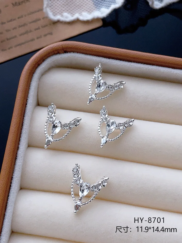 10pcs Silver Alloy Nail Charms, Shiny Rhinestone Inlaid French Style Nail Decorations, Luxury Butterfly Metal Ornaments for DIY