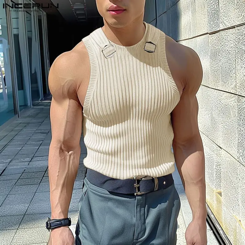 INCERUN Men Tank Tops Solid Color O-neck Sleeveless Knitted Casual Vests Men Streetwear Summer Fitness 2024 Fashion Men Clothing