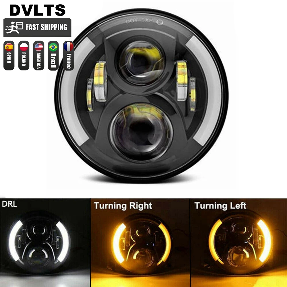 7 Inch Round LED Car Motorcycle Headlight 40W 60W Hi/Low Beam White(Amber) DRL Halo Ring Angle Eyes for Wrangler Suzuki VAZ 2101