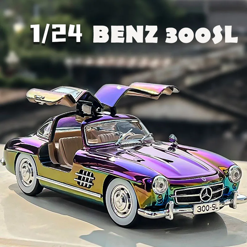 

Литая под давлением модель автомобиля Benz 300SL 1/24, винтажная Классическая машинка с покрытием ярких цветов, миниатюрная машинка, игрушечная машинка на день рождения для мальчика