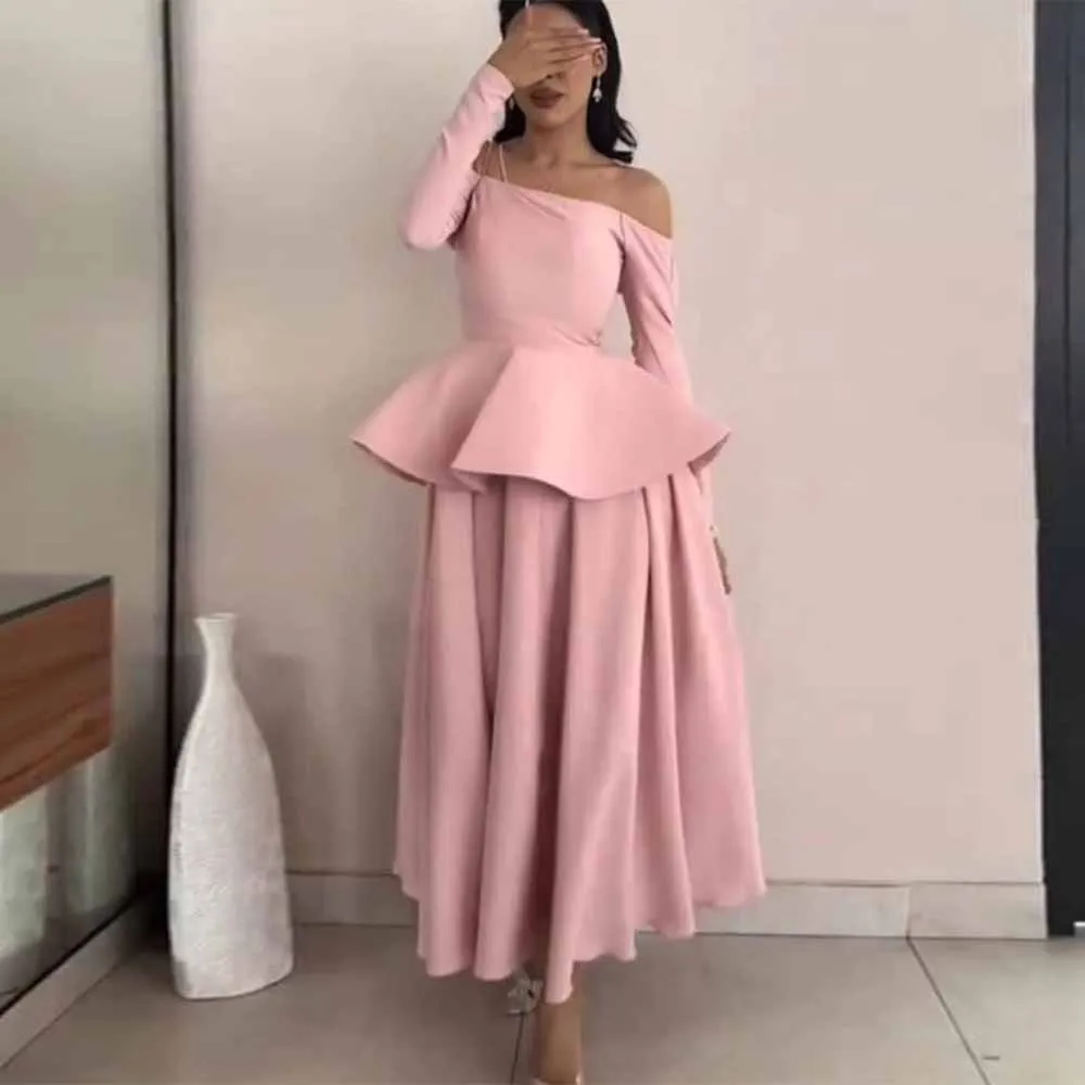 

Saudi Arabia Women's Cocktail Dresses Crepe Fabric A-line Prom Dress Pink Off-the-shoulder Ruffles Ruched Woman Ceremony Dresses