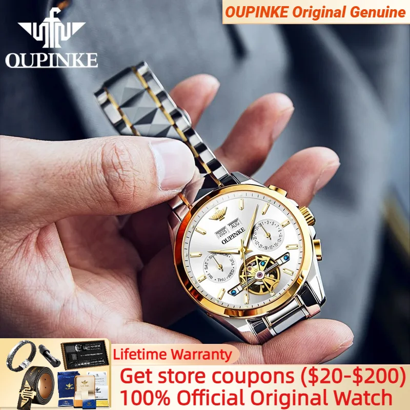 

OUPINKE 3290 Hollow out Watch for Men Tungsten steel Chronograph Date Business Dress Mechanical Male Watches NEW