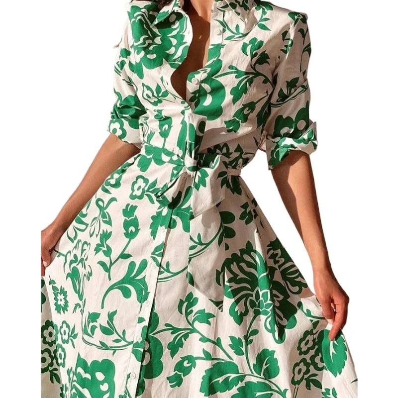 Autumn New Button Down Shirt Dress Long Sleeved Floral Print Beach Skirt