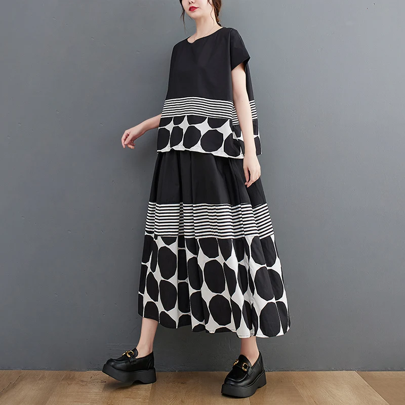 Oversized Vintage Print Loose 2 Two Piece Set Summer Short Sleeve Casual T Shirt Women T-shirt Fashion Clothing Skirt Suit 2026