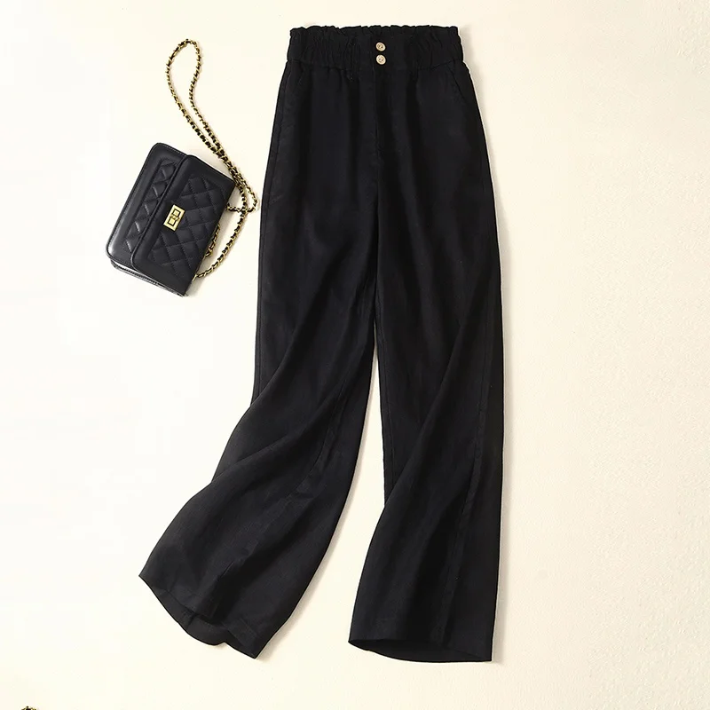 면 린넨 컬러 캐주얼 팬츠 엘라스틱 웨이스트 투 버튼 와이드 레그 하이 웨이스트 여성 루즈핏 아젤 린넨 롱 썸머