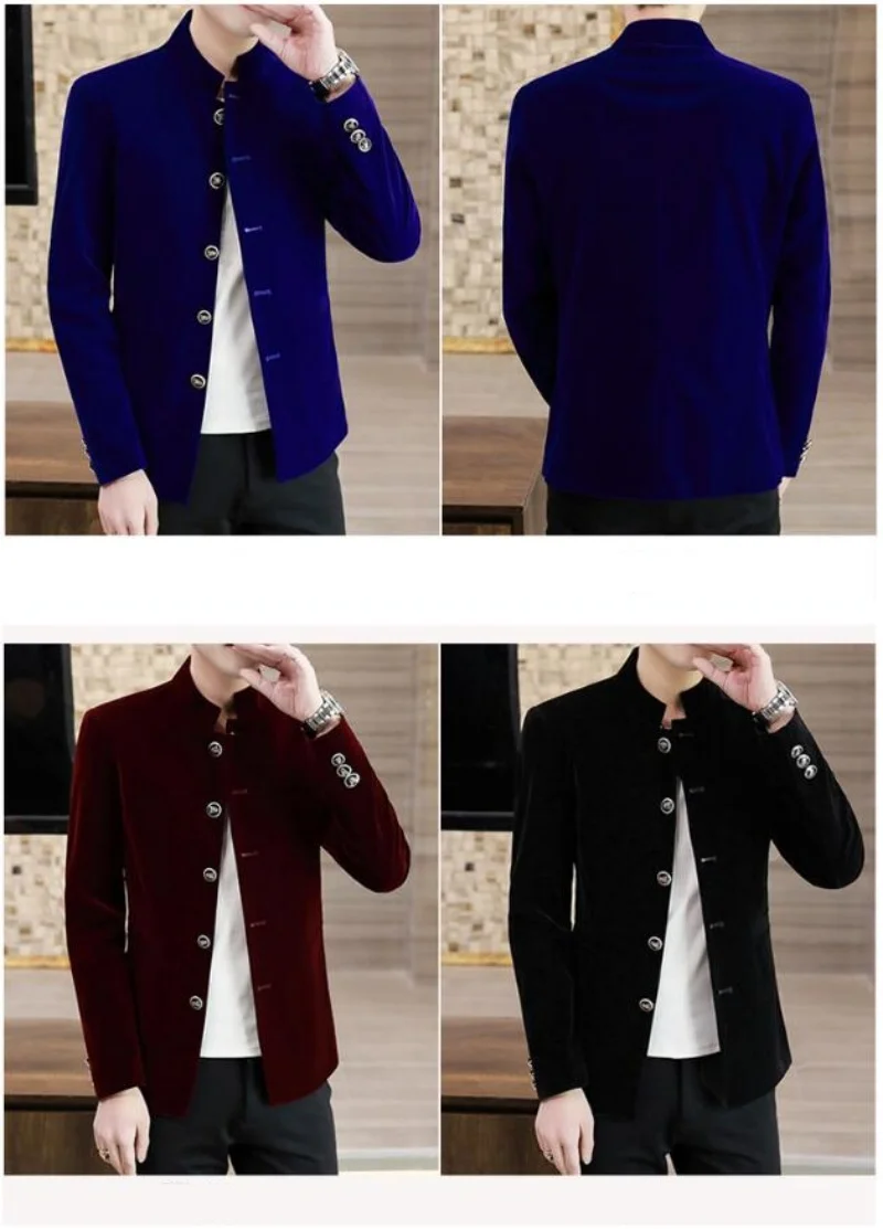 Men's Light Luxury Golden Velvet Coat Youth Fashion Trend Solid Color Stand Collar Suit Handsome Boutique