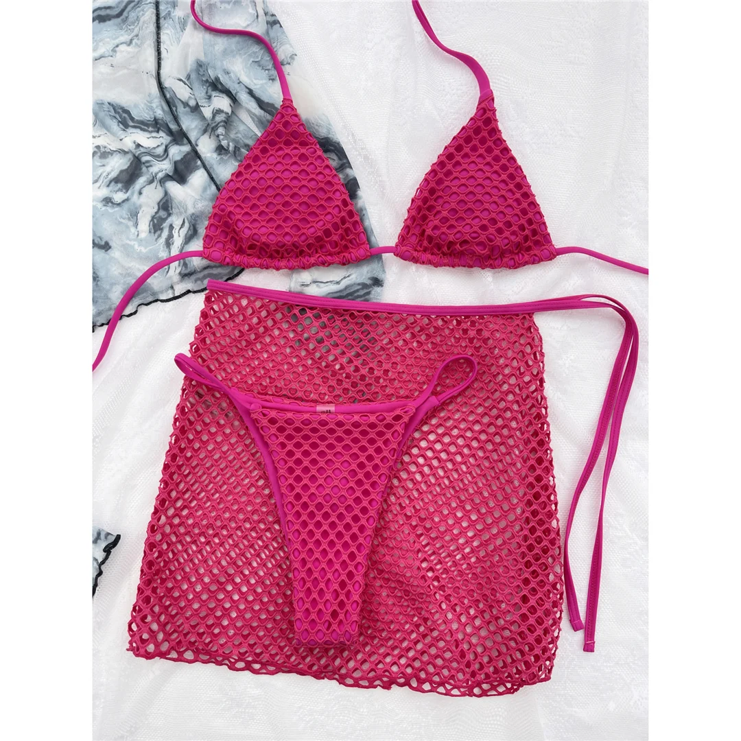 Neu mit Rock, Neckholder, Netzstoff, Fischernetz-Bikini, Damen-Badeanzug, Damen-Bademode, dreiteiliges Bikini-Set, Badeanzug, Badebekleidung, Schwimmanzug V4596 – Detail 28