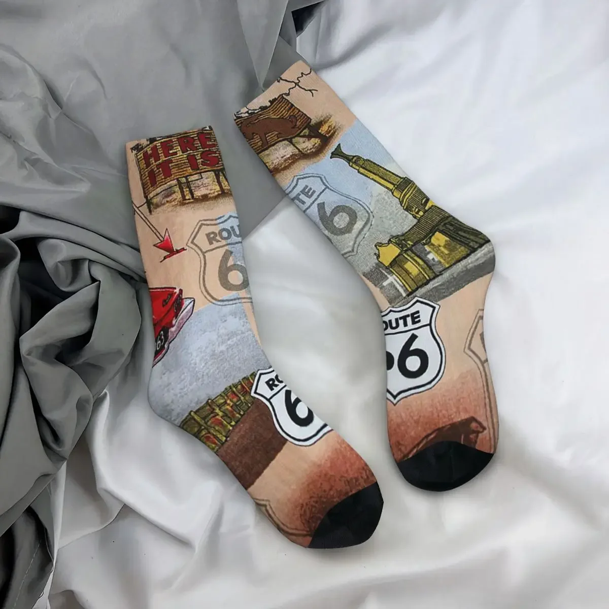 Retro Fun Colorful Route 66 Collage Football Socks Fashion Funny Crazy Socks for Women Men Breathable Breathable Sock