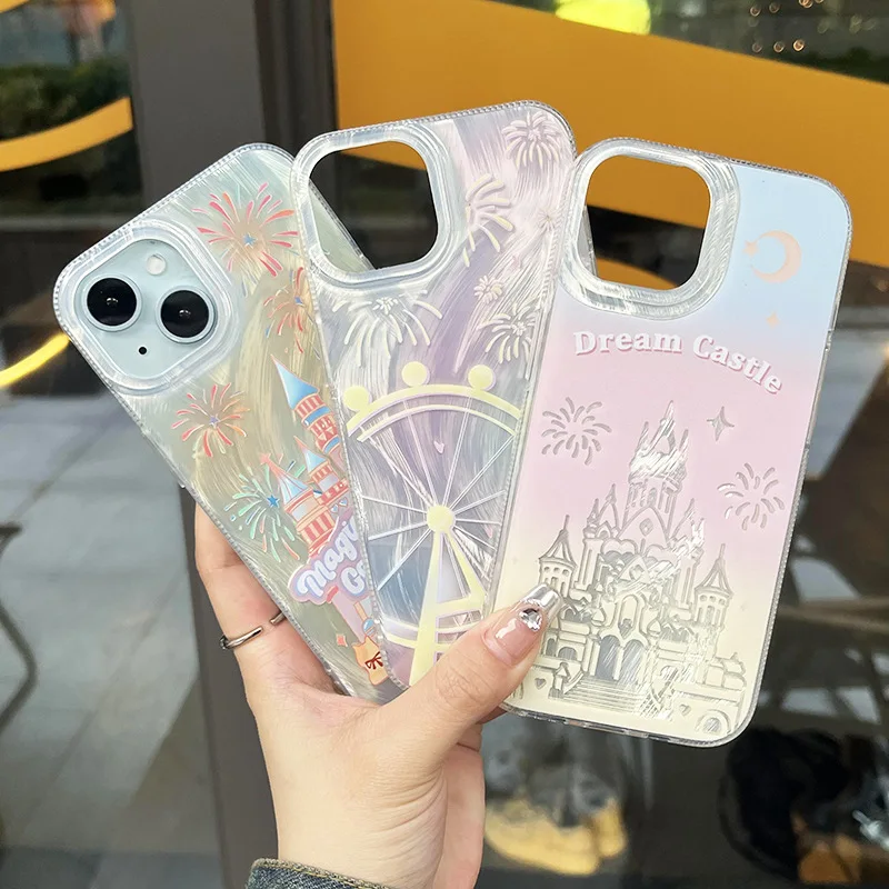 Fashion Y2K Dream Castle Phone Case for iPhone 11 12 13 14 15 16 Pro Max Plus Romantic Laser fortress amusement park Cover