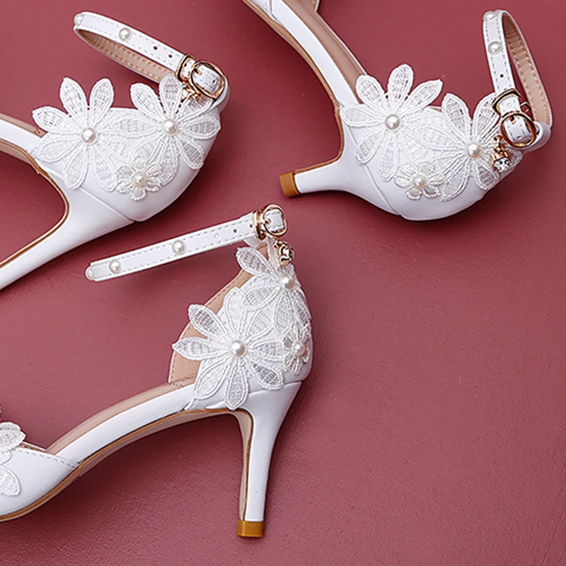 New Style Sweet Pointed Toe White Satin Sandals Lace Flower Pearl Stiletto High Heel Women Bride Wedding Dress Shoes Ankle Strap