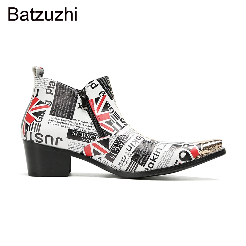 Batzuzhi Botas de diseñador para hombre, zapatos con punta de hierro, botines de cuero para hombre, tacones altos de 6,5 cm, botas de moda para fiesta y boda