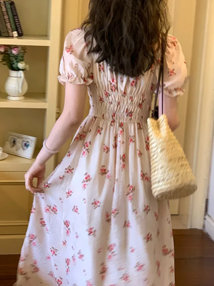 Women Vintage Sweet Lace-up Boho Dress Summer Fashion Casual Print Short Sleeve Square Neck Floral Corset Long Dresses Vestidos