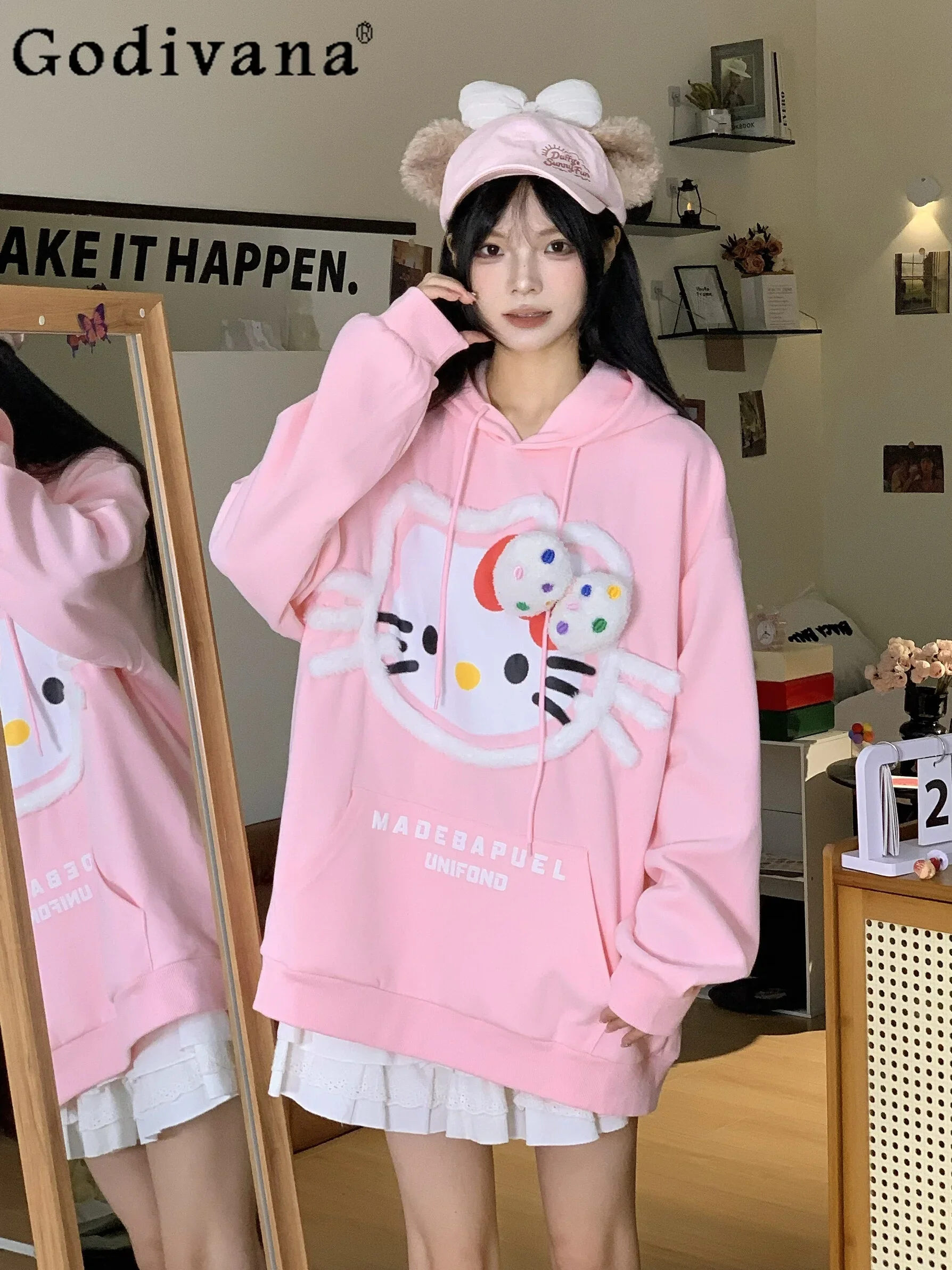 Sanrio Hello Kitty Hoodies College Style Sweet Cute Loose Large Size Couple Hooded Sweatshirts Women Kawaii Pink Cardigan Jacket