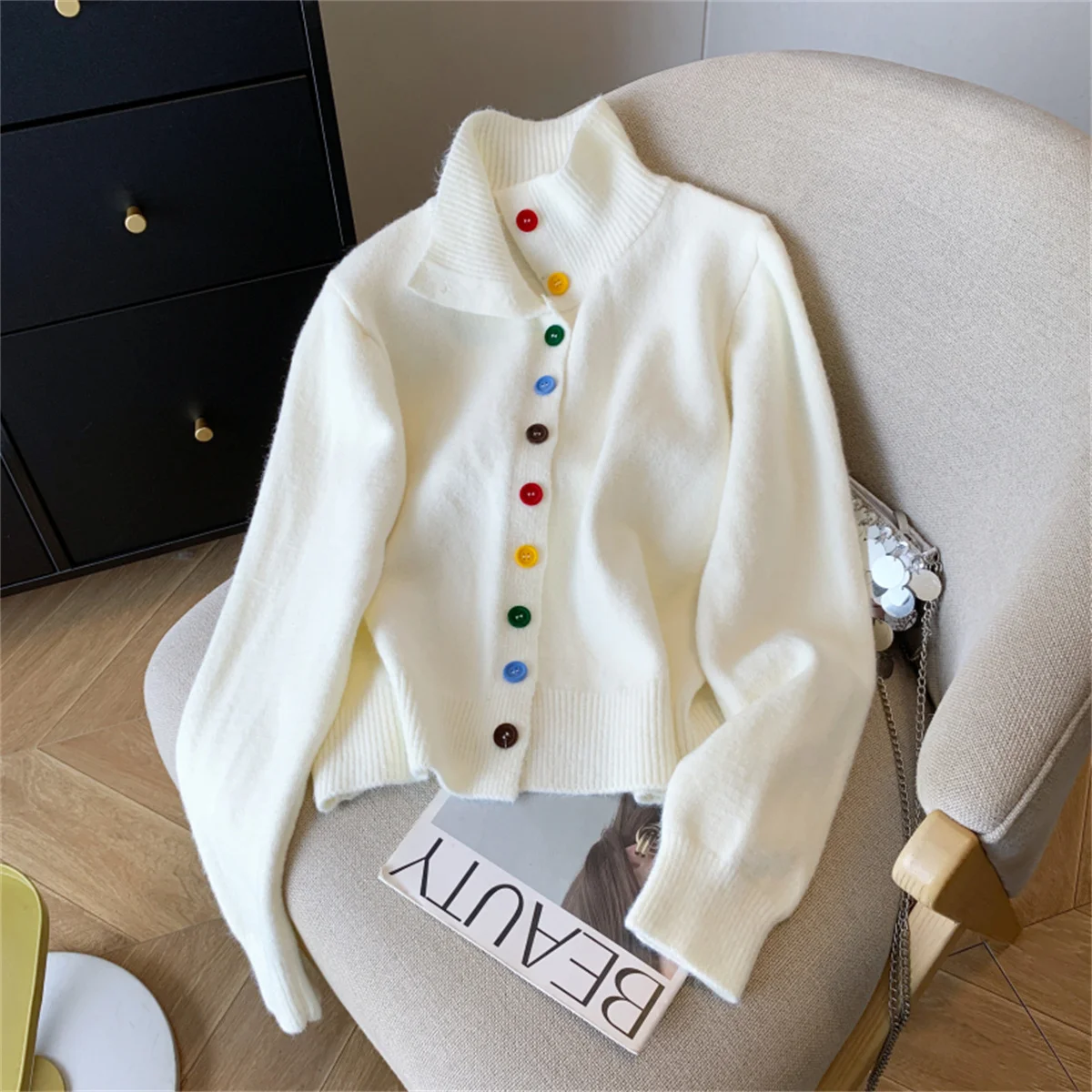 

Lazy style Chic Rainbow Buttons Long sleeve Knitted Sweater Women's Turtleneck Long Sleeve Casual Loose Knitwear Cardigan Jacket